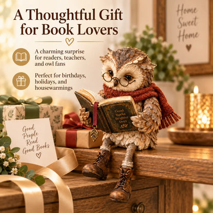 upsell🦉📚 Figurine de chouette lectrice — Cadeau original pour les passionnés de lecture, avec lunettes, écharpe et bottes