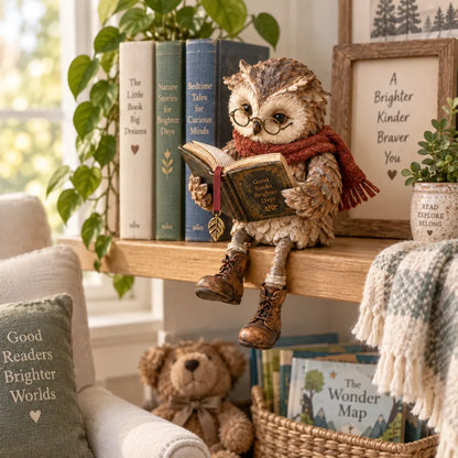 upsell🦉📚 Figurine de chouette lectrice — Cadeau original pour les passionnés de lecture, avec lunettes, écharpe et bottes