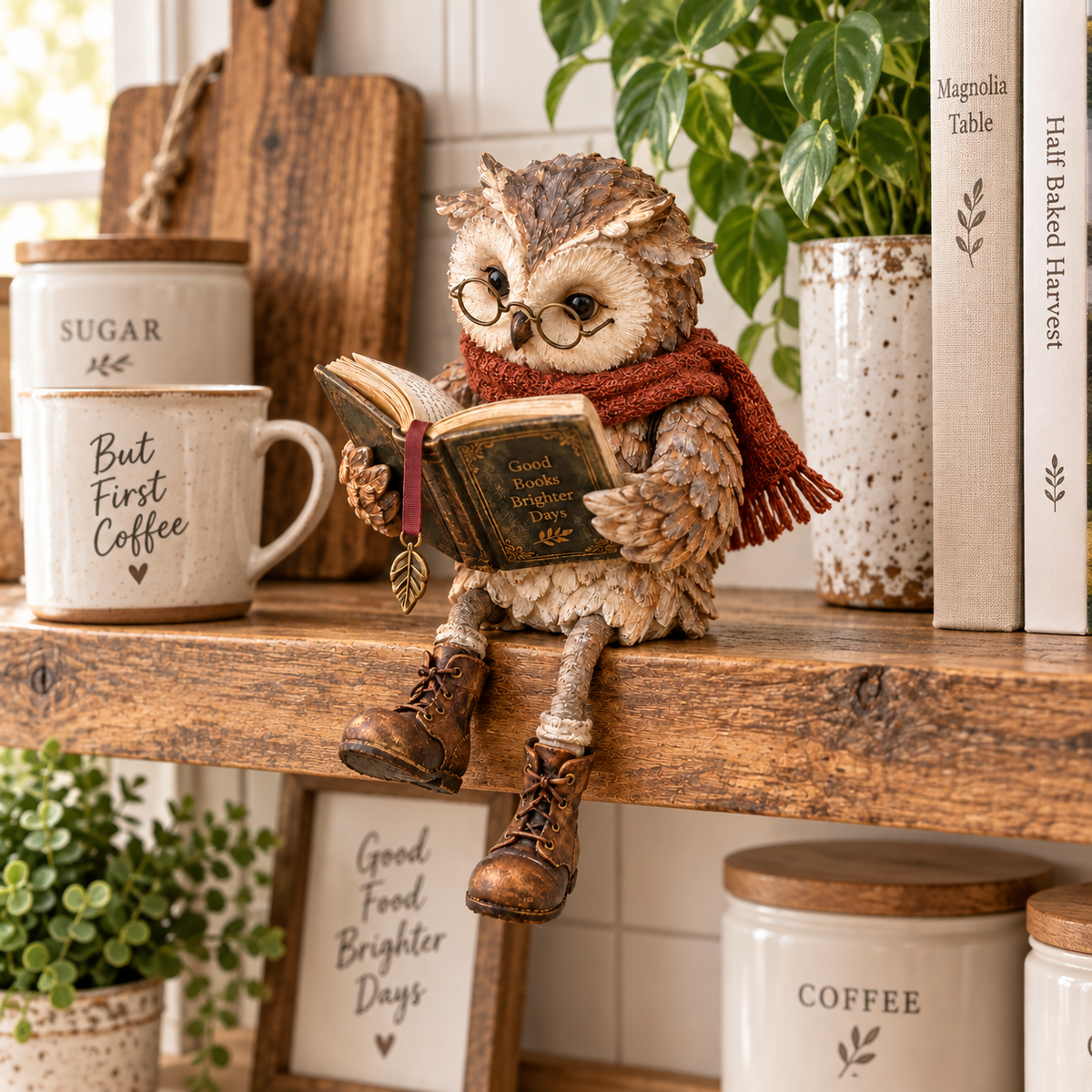 upsell🦉📚 Figurine de chouette lectrice — Cadeau original pour les passionnés de lecture, avec lunettes, écharpe et bottes