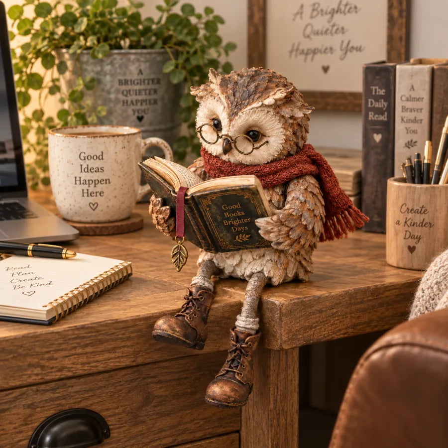 upsell🦉📚 Figurine de chouette lectrice — Cadeau original pour les passionnés de lecture, avec lunettes, écharpe et bottes