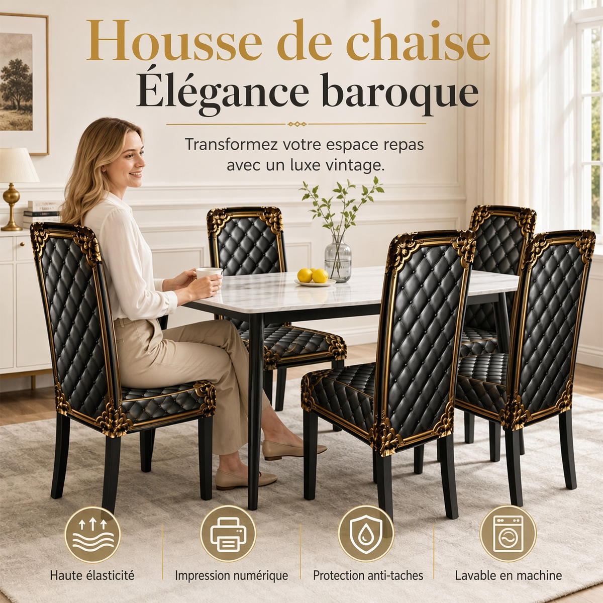 🪑 50% DE RÉDUCTION ! 🖤 Housse de Chaise Extensible & Lavable – Élastique & Facile d'entretien ✨