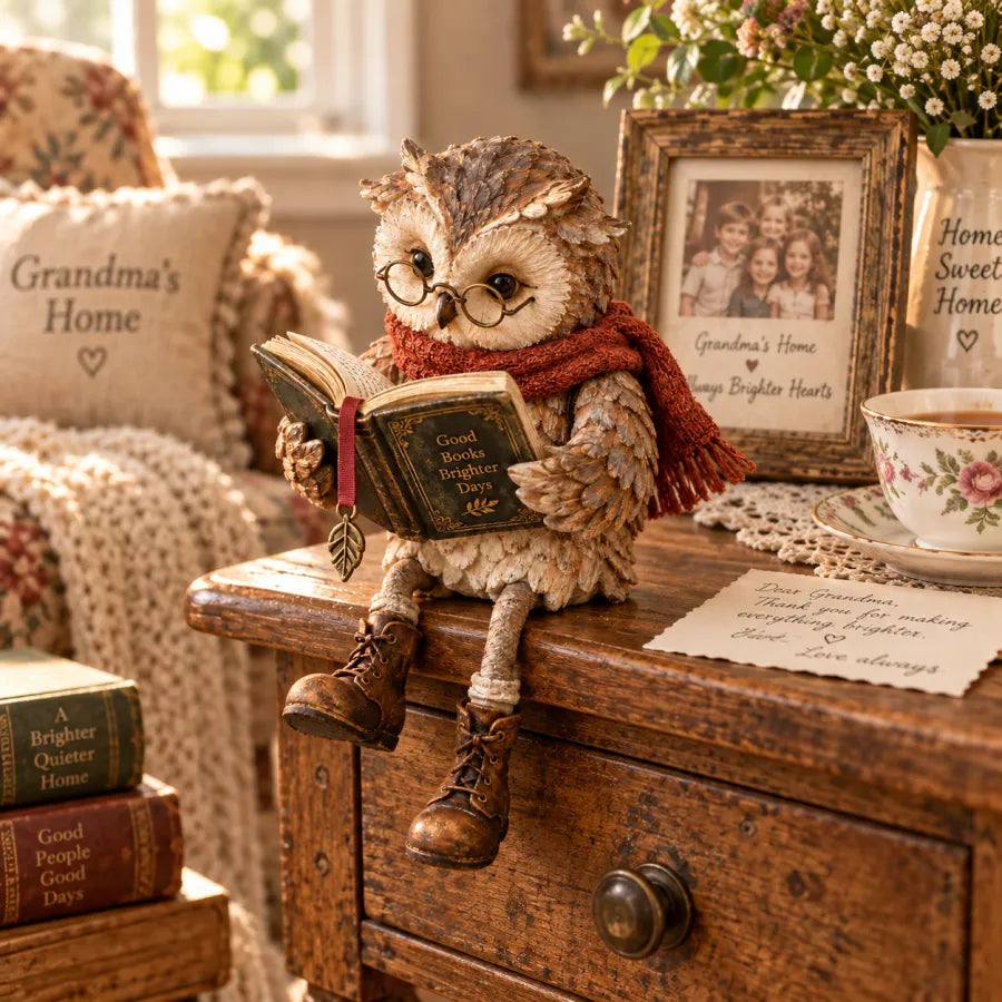 upsell🦉📚 Figurine de chouette lectrice — Cadeau original pour les passionnés de lecture, avec lunettes, écharpe et bottes