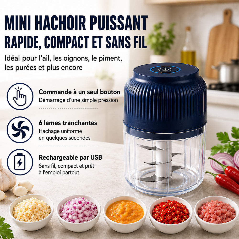 🥑🍹 -50 % DE RÉDUCTION ! 💥 Hachoir Électrique à 6 Lames ｜ Pour Légumes, Oignons, Herbes, Noix & Viande ｜ Sans Fil, Bouton Unique & Facile à Nettoyer ｜ Préparateur de Repas Bébé, Extracteur de Jus, Moulin à Épices & Hachoir à Viande