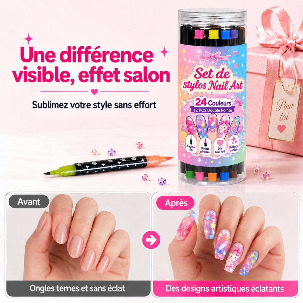 ⏰ -50 % pendant 3 Jours ! Coffret Stylos Nail Art Double Pointe – 24 Couleurs DIY