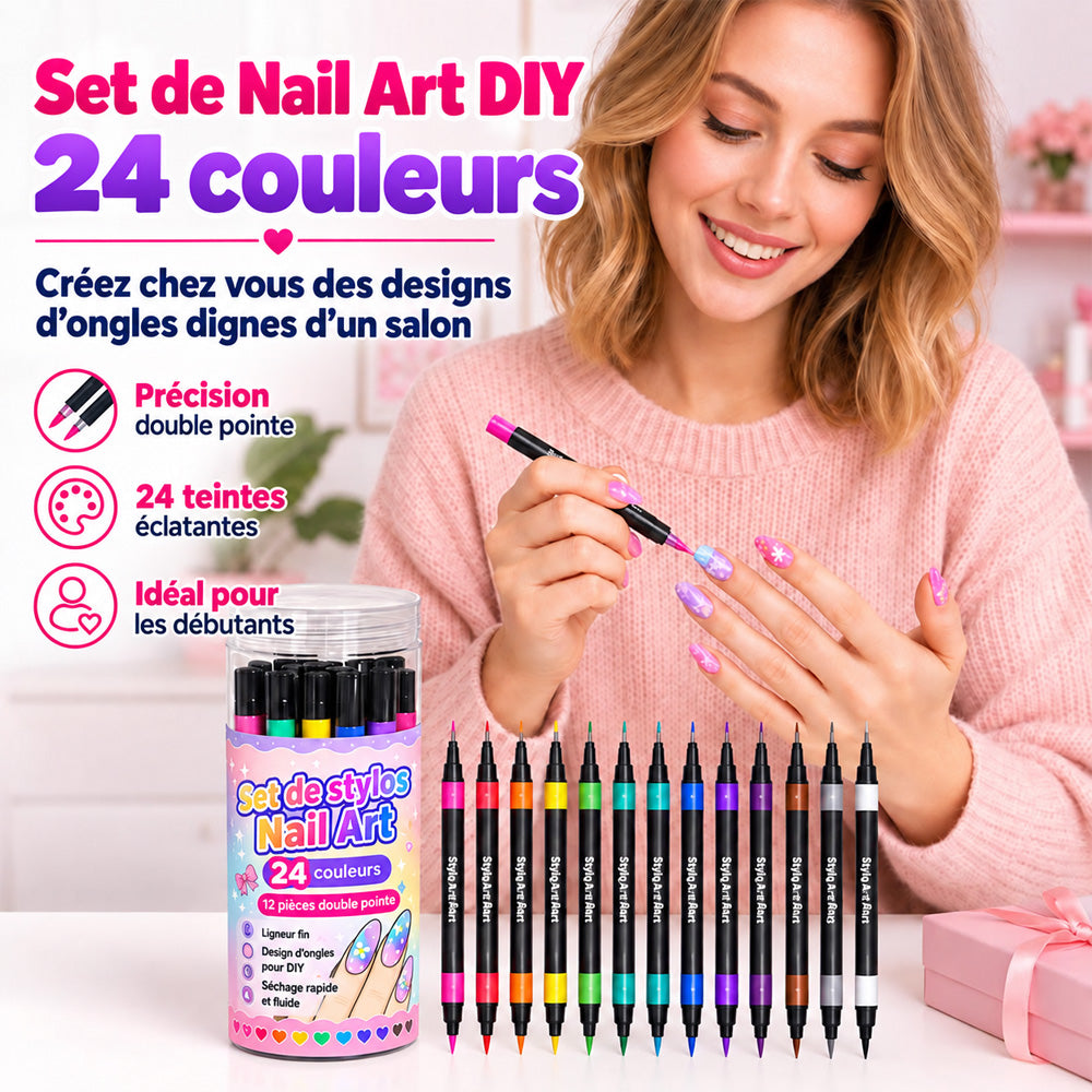 ⏰ -50 % pendant 3 Jours ! Coffret Stylos Nail Art Double Pointe – 24 Couleurs DIY