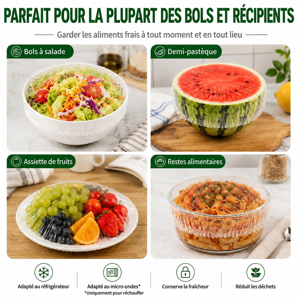 🍽️✨ 100 Couvre-Bols Extensibles – Couvre-Bols & Assiettes Élastiques pour une Conservation Facile des Aliments 🥗– Protège des Odeurs du Réfrigérateur