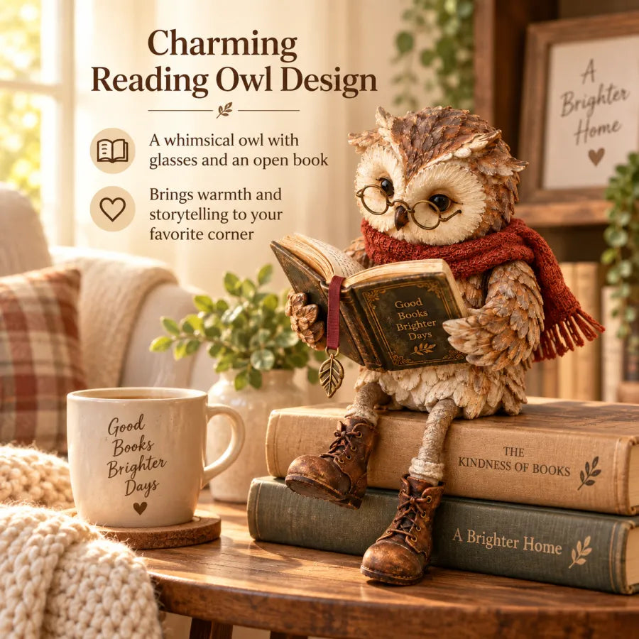 upsell🦉📚 Figurine de chouette lectrice — Cadeau original pour les passionnés de lecture, avec lunettes, écharpe et bottes