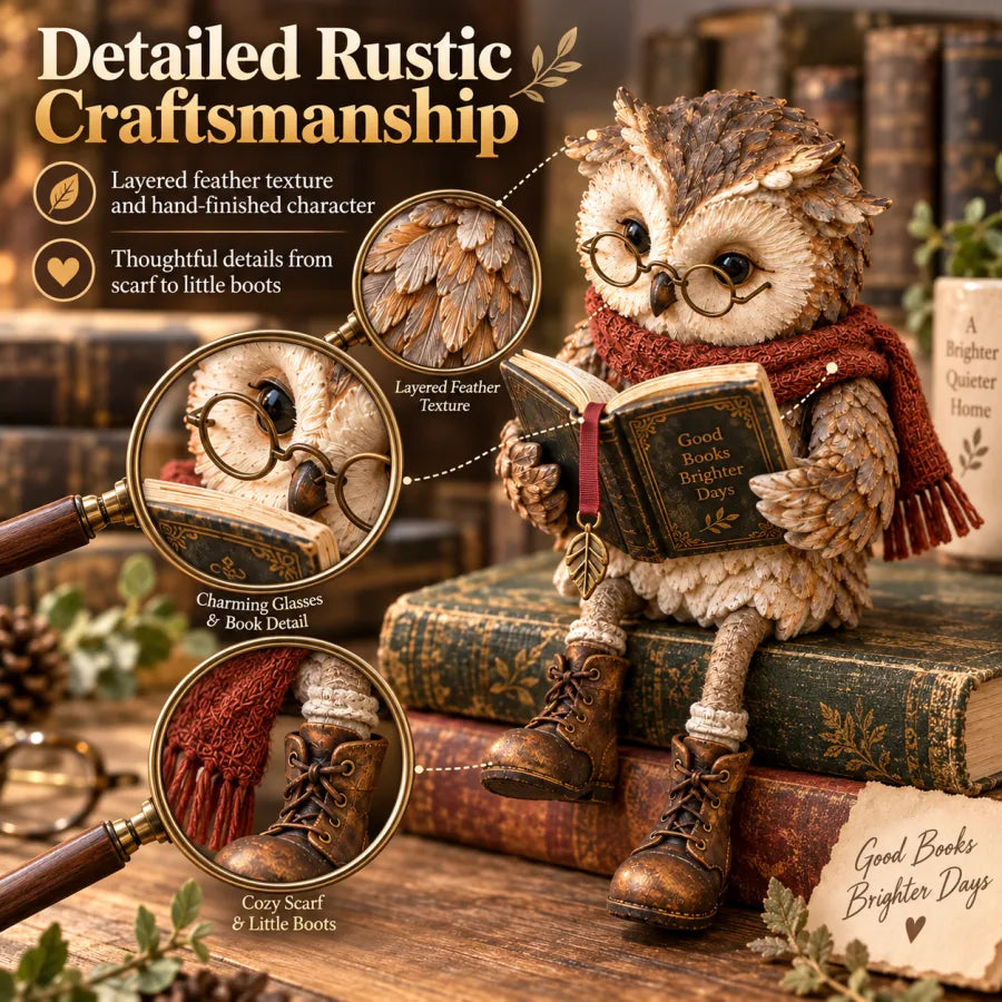upsell🦉📚 Figurine de chouette lectrice — Cadeau original pour les passionnés de lecture, avec lunettes, écharpe et bottes