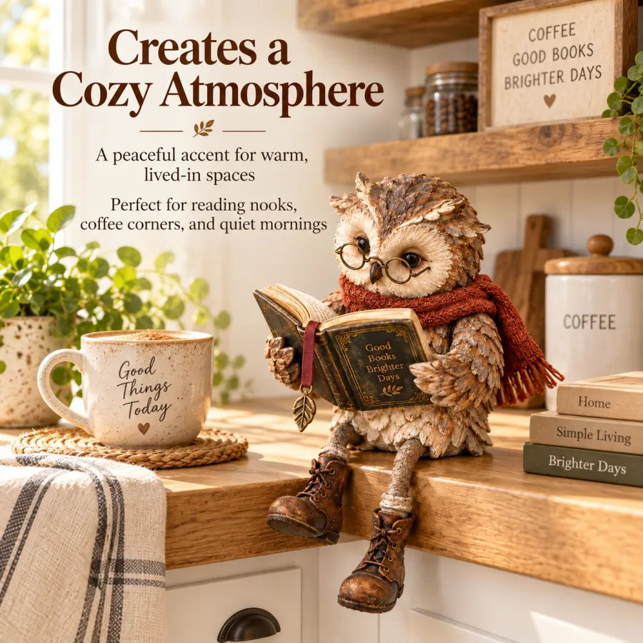 upsell🦉📚 Figurine de chouette lectrice — Cadeau original pour les passionnés de lecture, avec lunettes, écharpe et bottes