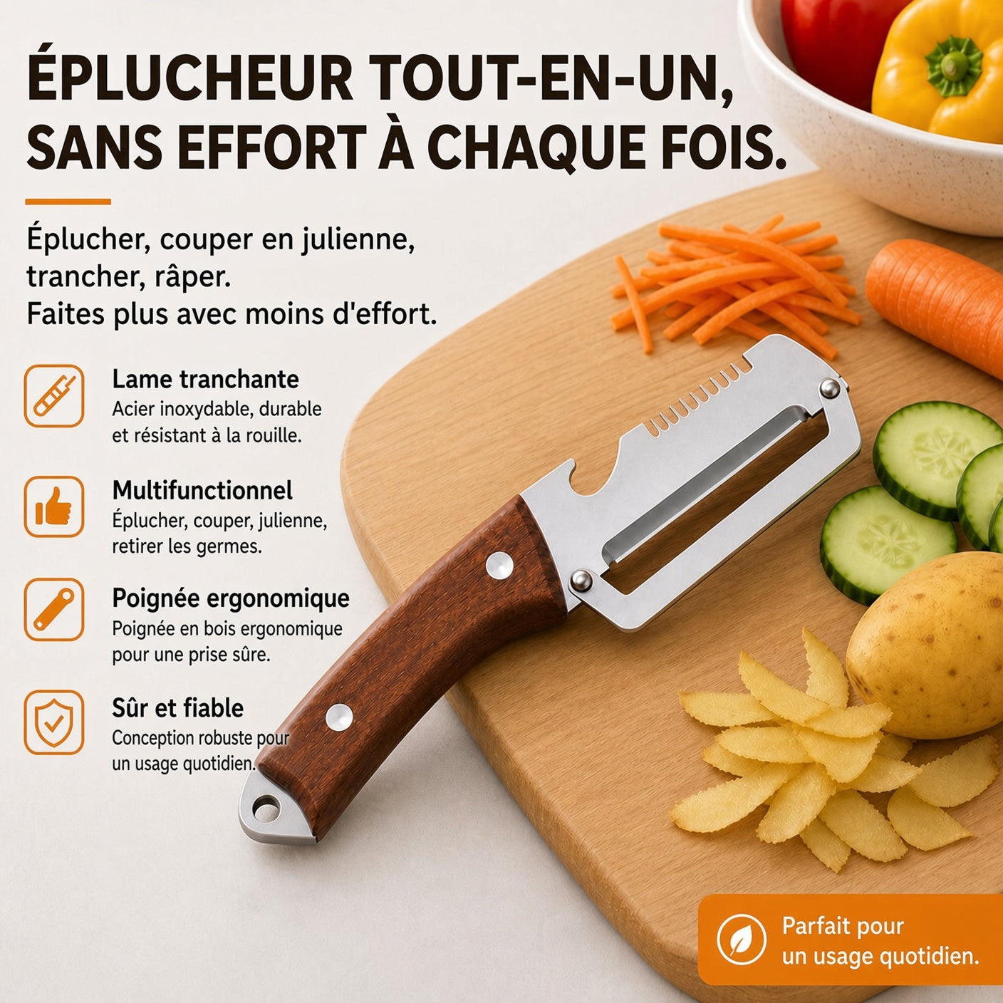 🔥 50 % DE RÉDUCTION 🔪🥕 Éplucheur Multifonctionnel en Bois – Lame Inox Ultra-Tranchante + Décapsuleur Intégré 🥔🍎