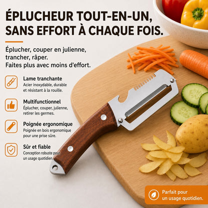 🔥 50 % DE RÉDUCTION 🔪🥕 Éplucheur Multifonctionnel en Bois – Lame Inox Ultra-Tranchante + Décapsuleur Intégré 🥔🍎