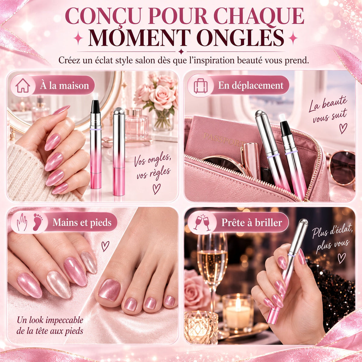 ✨ 50 % de réduction – Stylo 6-en-1 pour le soin des ongles & effet Cat Eye – Base, Builder, Couleur & Top Coat avec aimant intégré