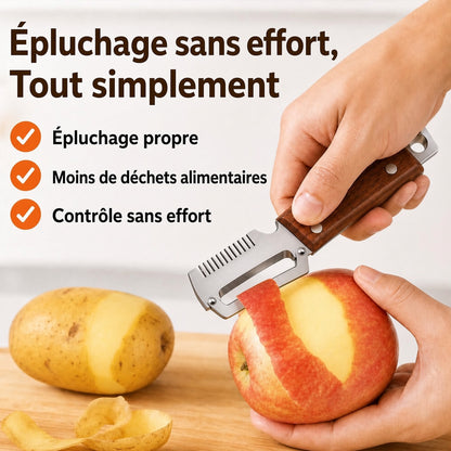 🔥 50 % DE RÉDUCTION 🔪🥕 Éplucheur Multifonctionnel en Bois – Lame Inox Ultra-Tranchante + Décapsuleur Intégré 🥔🍎