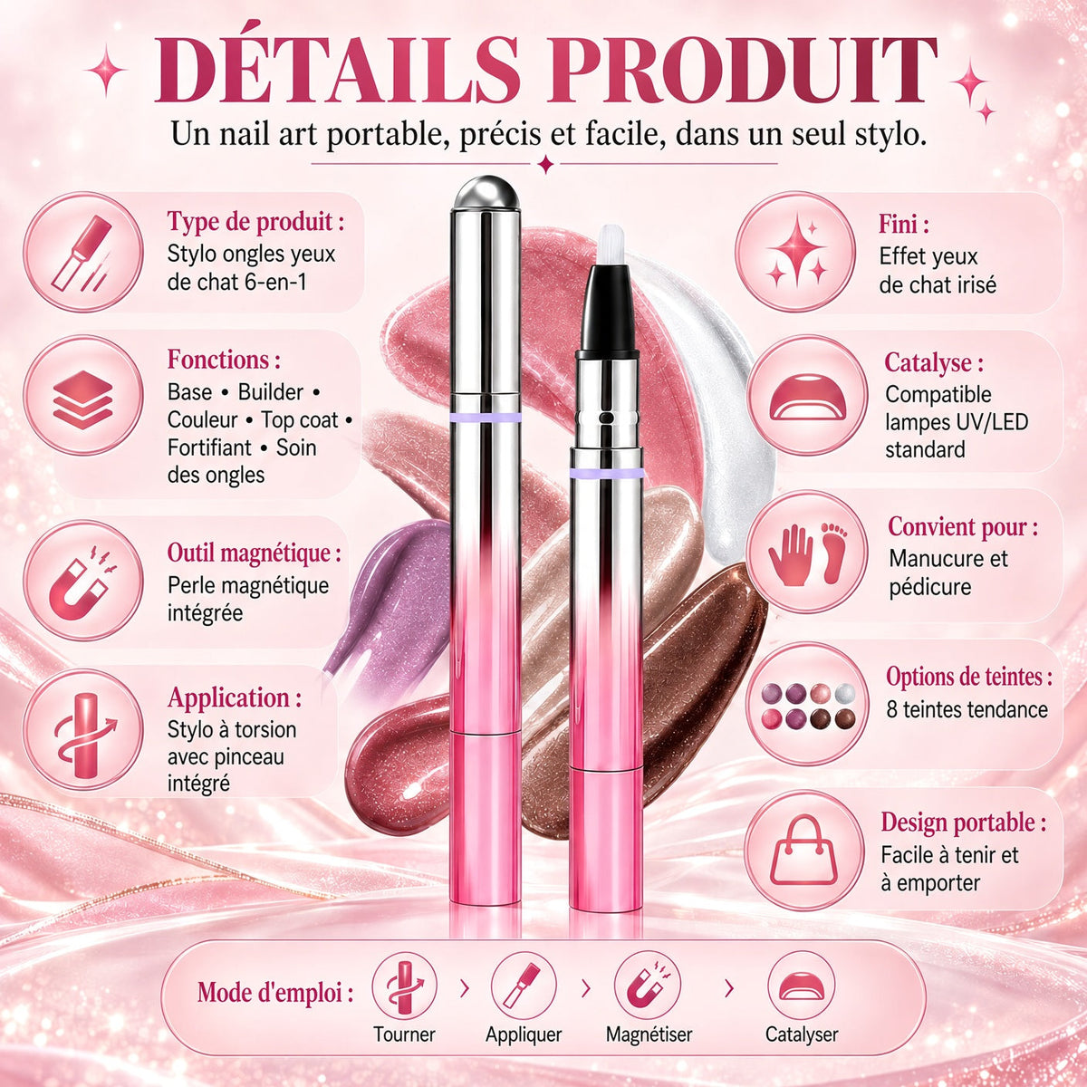 ✨ 50 % de réduction – Stylo 6-en-1 pour le soin des ongles & effet Cat Eye – Base, Builder, Couleur & Top Coat avec aimant intégré