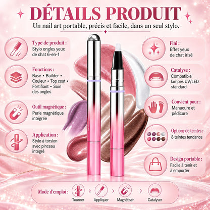 ✨ 50 % de réduction – Stylo 6-en-1 pour le soin des ongles & effet Cat Eye – Base, Builder, Couleur & Top Coat avec aimant intégré