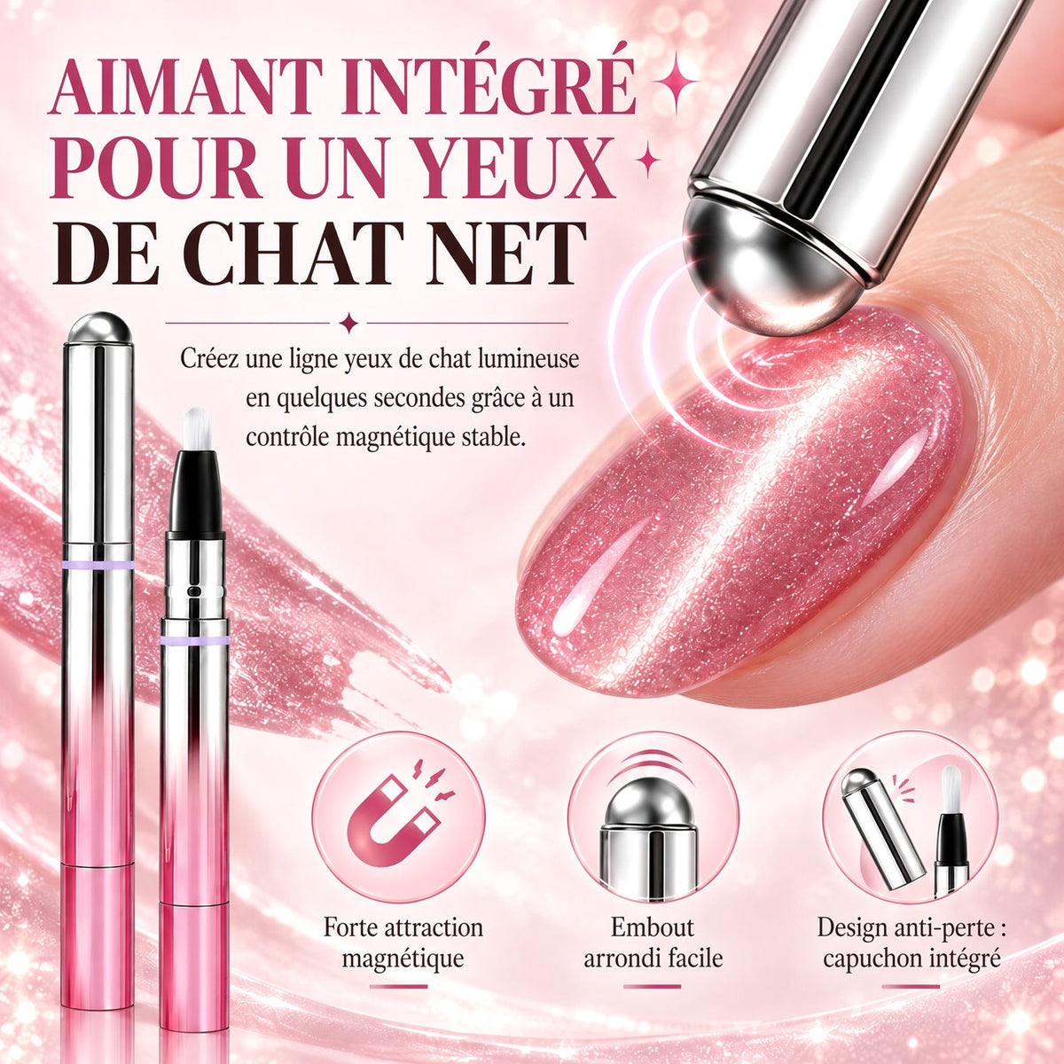 ✨ 50 % de réduction – Stylo 6-en-1 pour le soin des ongles & effet Cat Eye – Base, Builder, Couleur & Top Coat avec aimant intégré