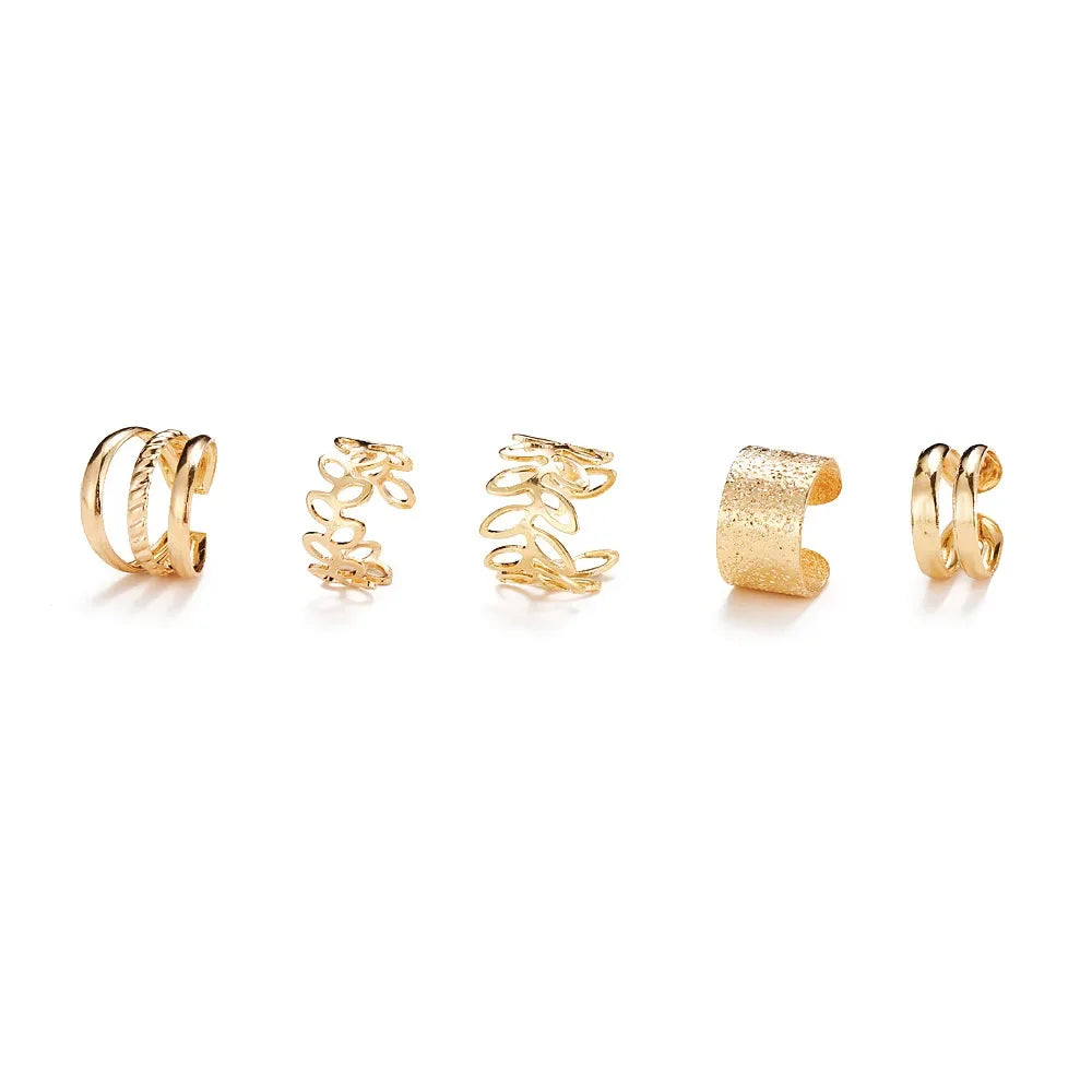 5pcs;Silver Color Leaves Clip Earrings for Women Men Creative Simple C Ear Cuff Non-Piercing Ear Ear Clip Set Trend Jewelry Gift