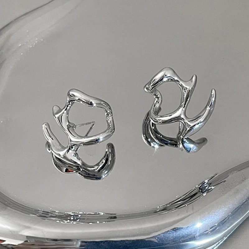 Y2K Irregular Liquid Earrings for Women Silver Color Hip-Hop Punk Fashion Geometric Earring Clip Girl 2024 Trendy Party Jewelry