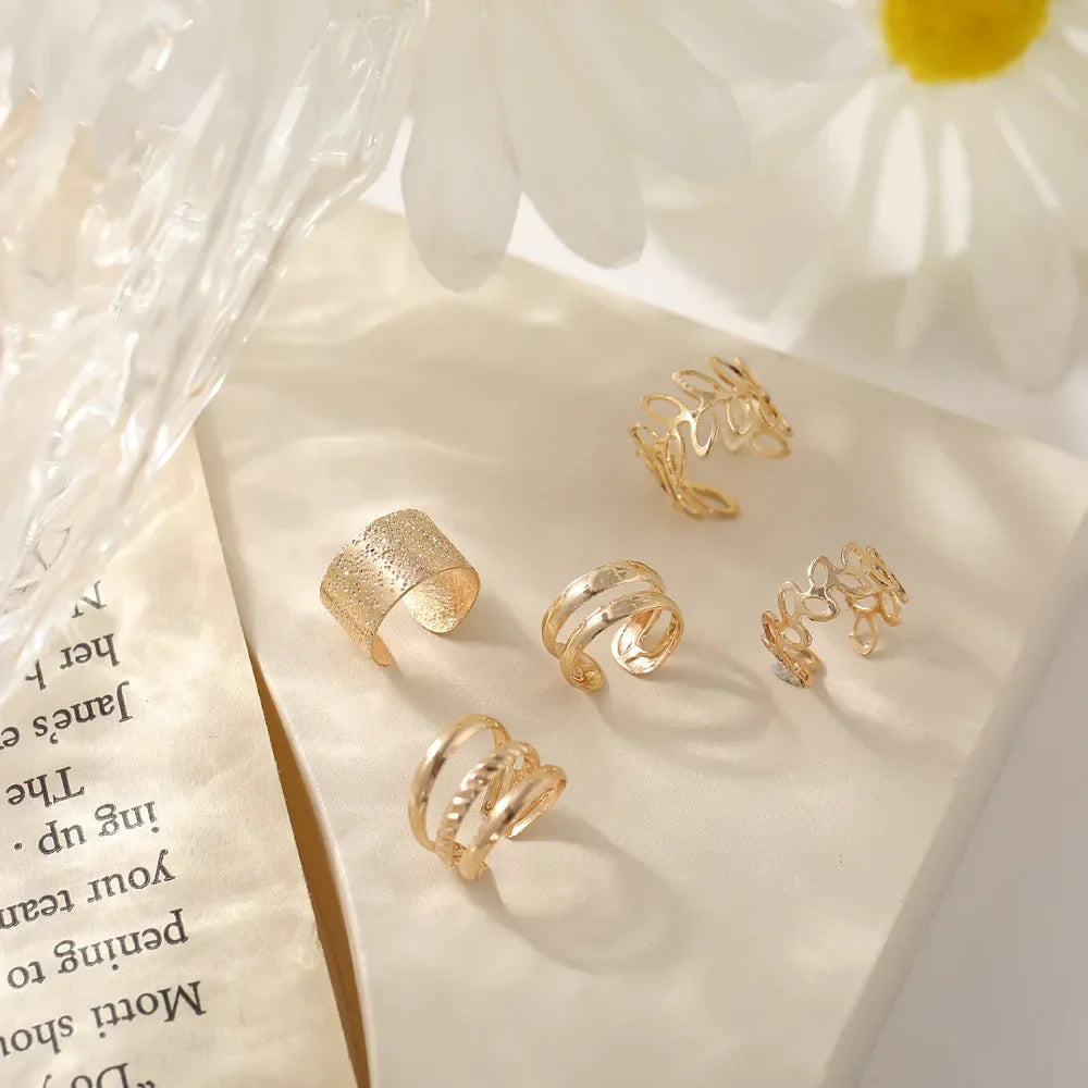 5pcs;Silver Color Leaves Clip Earrings for Women Men Creative Simple C Ear Cuff Non-Piercing Ear Ear Clip Set Trend Jewelry Gift