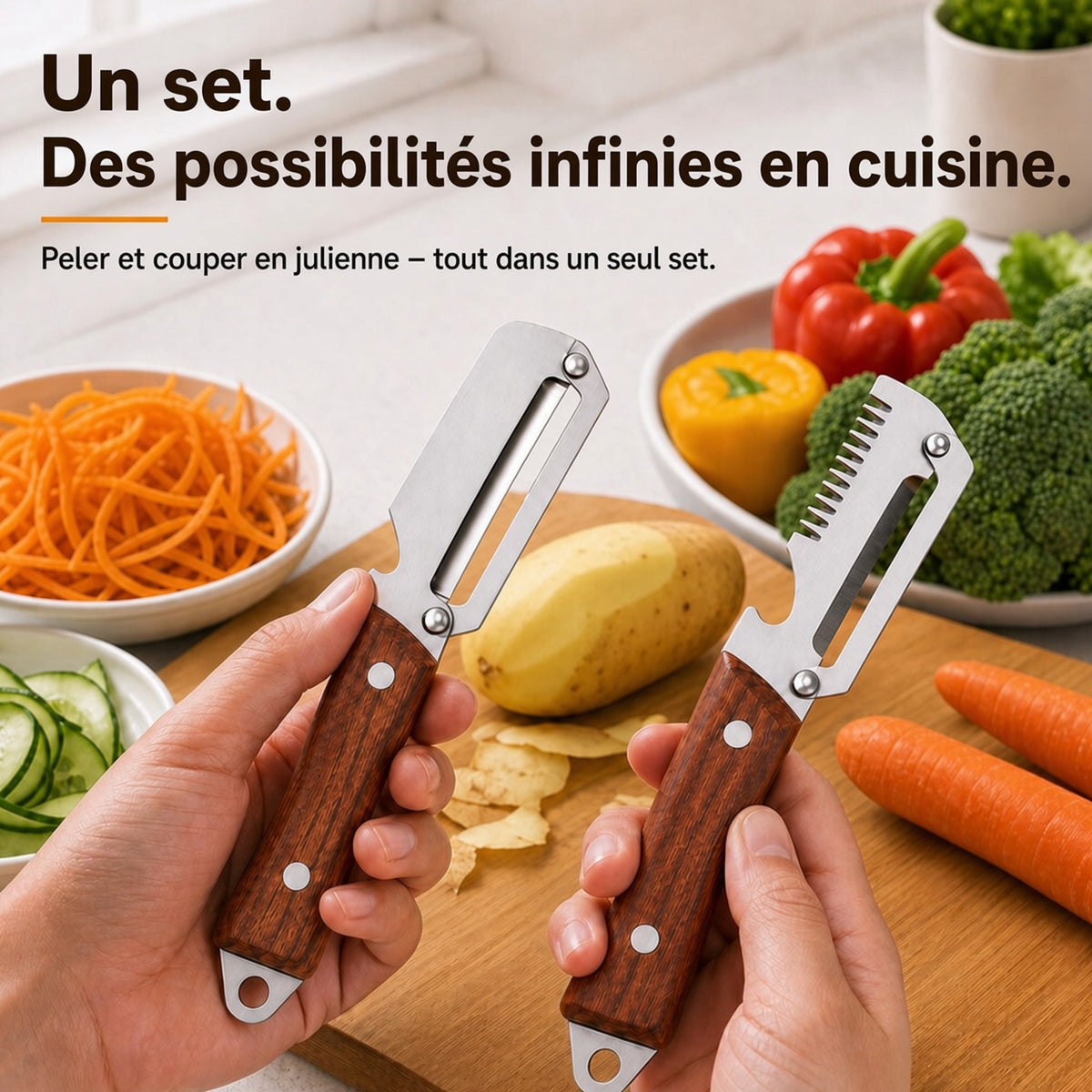 🔥 50 % DE RÉDUCTION 🔪🥕 Éplucheur Multifonctionnel en Bois – Lame Inox Ultra-Tranchante + Décapsuleur Intégré 🥔🍎