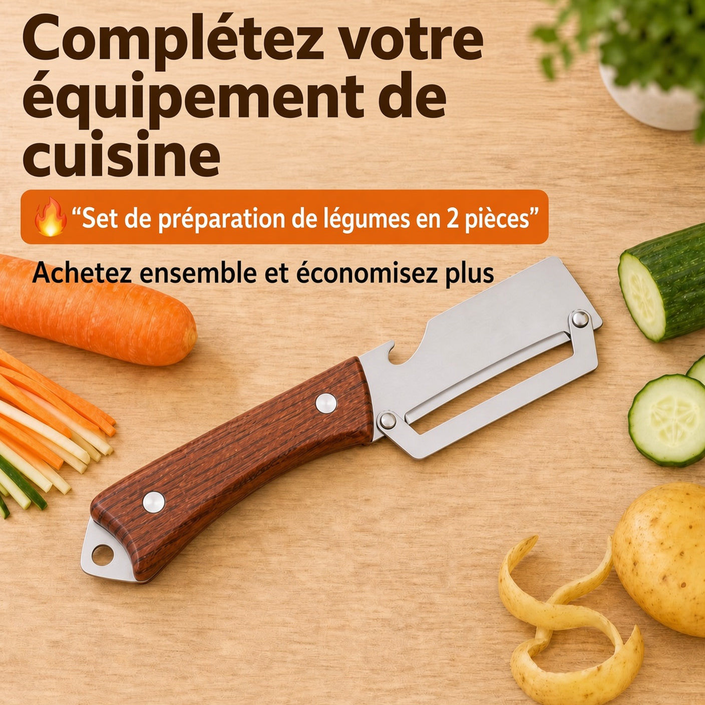 🔥 50 % DE RÉDUCTION 🔪🥕 Éplucheur Multifonctionnel en Bois – Lame Inox Ultra-Tranchante + Décapsuleur Intégré 🥔🍎