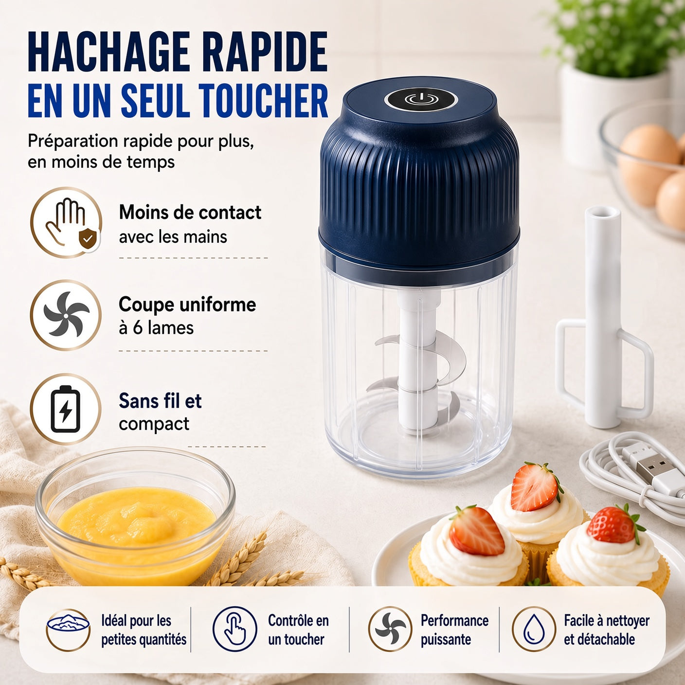 💥50 % DE RÉDUCTION !🥑🍹Hachoir Électrique à 6 Lames｜Hache Légumes, Oignons, Herbes, Noix & Viande｜Sans Fil, à Une Touche & Facile à Nettoyer