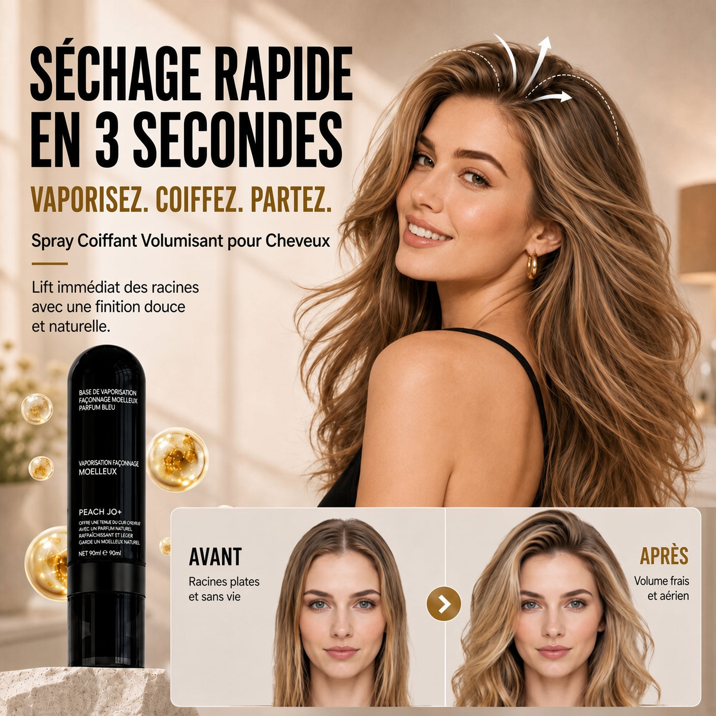 🔥50% DE RÉDUCTION !! ⏰ Spray Coiffant Longue Durée Fluffy Hair Shaping Spray 9 – 90 ml – Volume Naturel & Tenue Résistante for Cheveux Matures