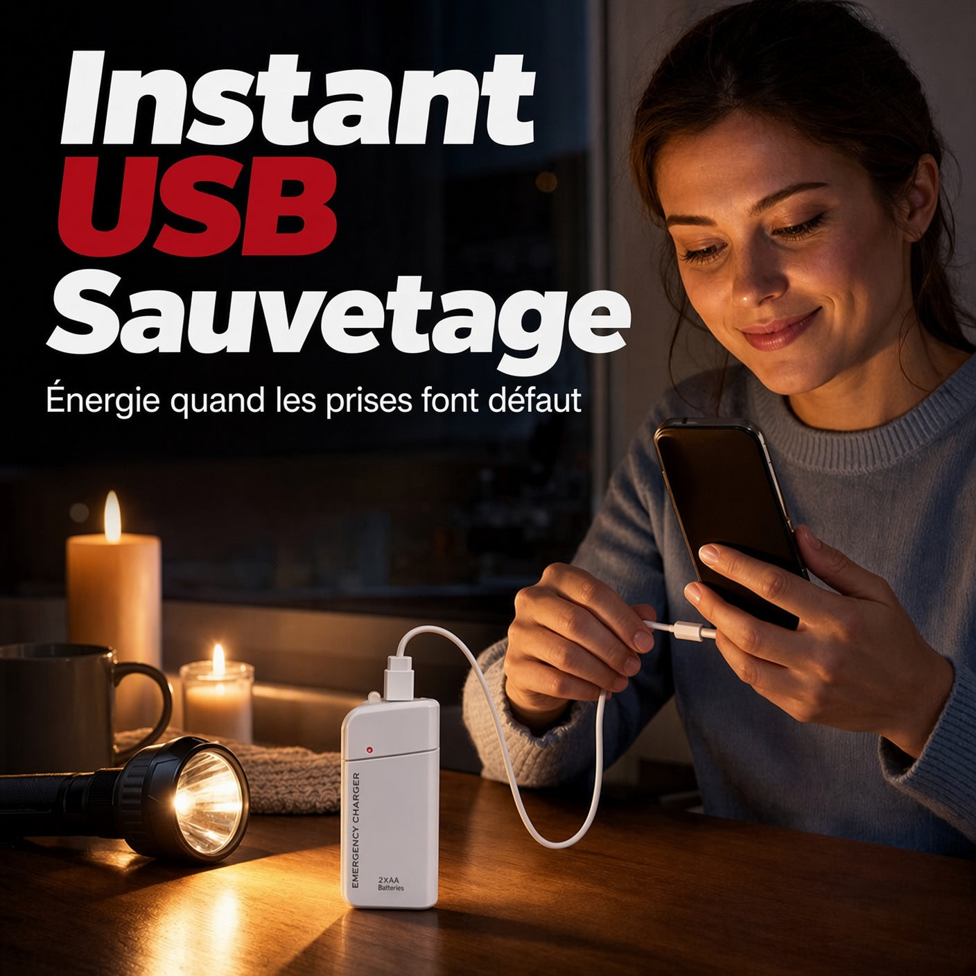 Chargeur d'urgence portable pour téléphone, batterie externe alimentée par piles AA avec lampe torche LED