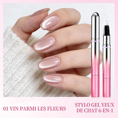 ✨ 50 % de réduction – Stylo 6-en-1 pour le soin des ongles & effet Cat Eye – Base, Builder, Couleur & Top Coat avec aimant intégré