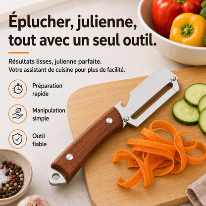 🔥 50 % DE RÉDUCTION 🔪🥕 Éplucheur Multifonctionnel en Bois – Lame Inox Ultra-Tranchante + Décapsuleur Intégré 🥔🍎
