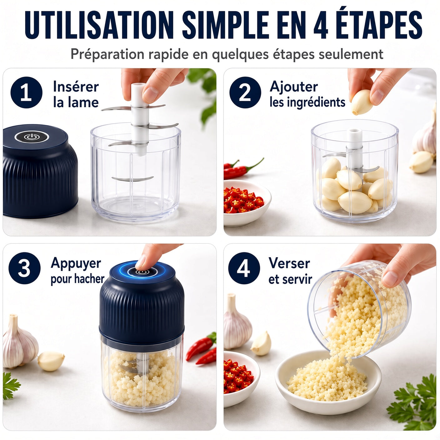 💥50 % DE RÉDUCTION !🥑🍹Hachoir Électrique à 6 Lames｜Hache Légumes, Oignons, Herbes, Noix & Viande｜Sans Fil, à Une Touche & Facile à Nettoyer