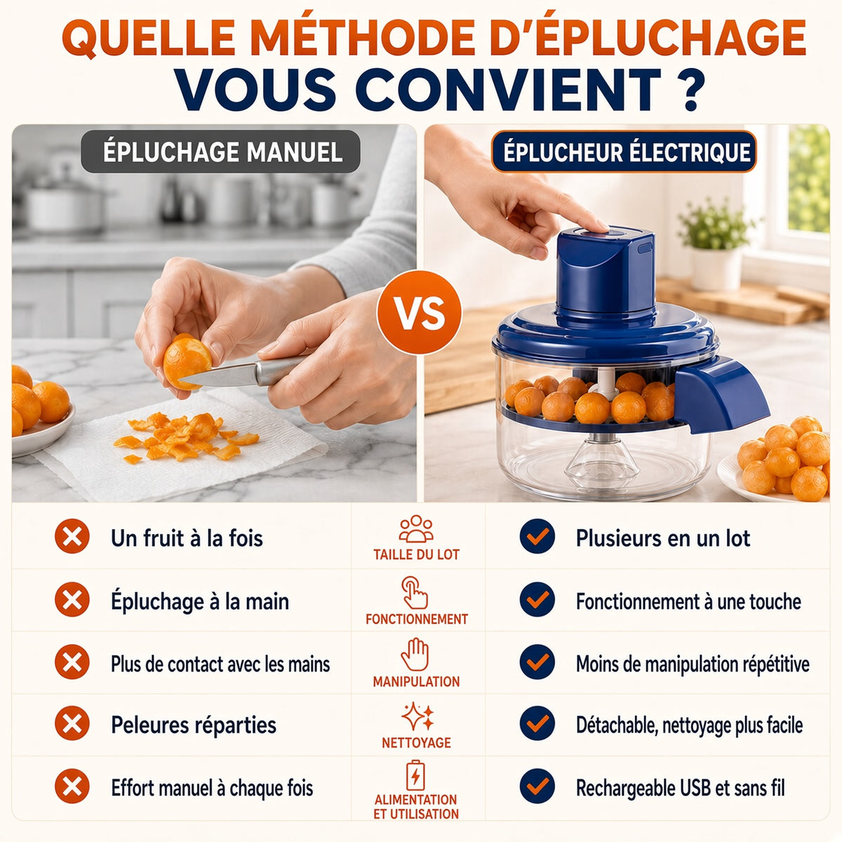 🔪 Éplucheur électrique 5 lames – Moteur cuivre puissant, extraction en 1 bouton, démontable et sans danger alimentaire – Batterie 1300 mAh, gain de temps en cuisine 🥕🍎