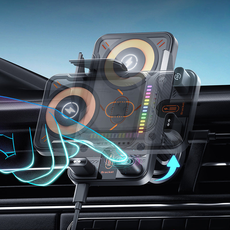 ✨Support de téléphone de voiture intelligent 2 en 1 avec fonction pivotante et chargeur sans fil