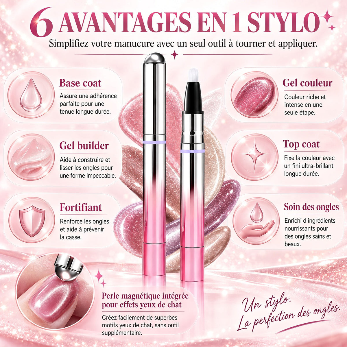 ✨ 50 % de réduction – Stylo 6-en-1 pour le soin des ongles & effet Cat Eye – Base, Builder, Couleur & Top Coat avec aimant intégré
